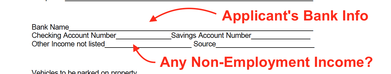 Rental Application Template - Bank Info and Other Income